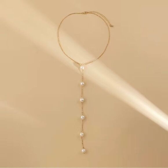 Gold and pearl long dangle necklace, adjustable, simple necklace, 7.8” dangle - Picture 3 of 4